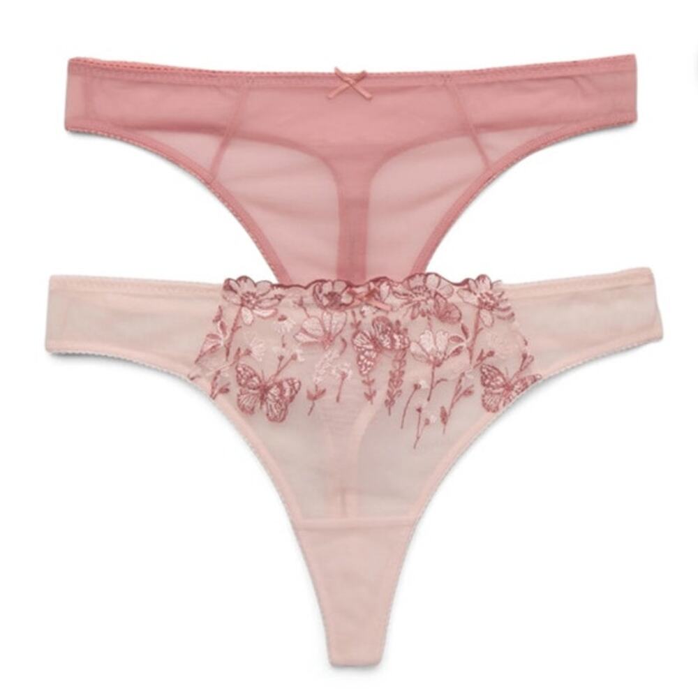 Joyspun Embroidery Mesh Thong Panties, 2-Pack, Size 3X (22) Pink Beige NEW‎